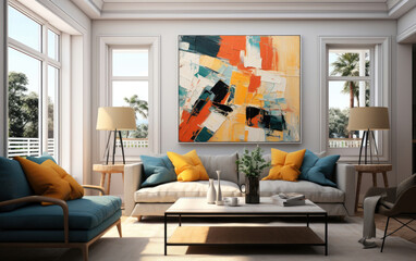 Elegant living room interior with vibrant abstract artwork, teal and gold accents, and panoramic windows showcasing nature. A refined space evoking serenity, luxury, and artistic appreciation.