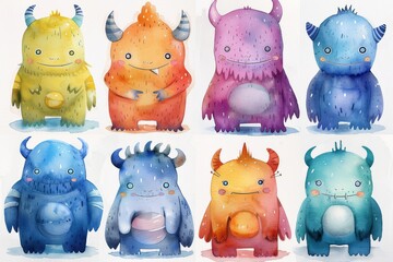 Watercolor adorable monster collection in a charming cartoon form, separated on a white backdrop, artistic design suitable for children, AI-generated.