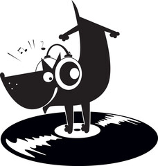 Cartoon dog, headphones and a long playing record. Cartoon dog in headphones stands on a long playing record. Original black and white illustration