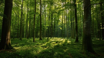Fototapeta premium a dense green forest with towering trees and dappled sunlight filtering through the leaves, creating a tranquil woodland scene.