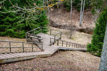 High wooden staircase leading to a picnic area. Vilce Nature Park, Latvia. Wooden stairway with viewing platform.