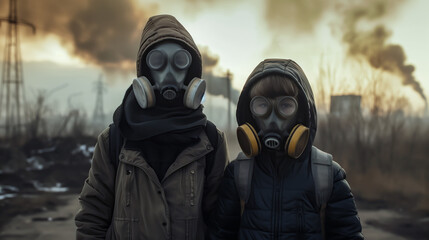 A mother and her children wear masks to protect themselves from air pollution. The concept of the importance of protecting against air pollution. Generative AI.