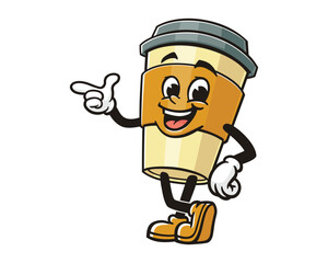 Coffee cup with pointing finger cartoon mascot illustration character vector clip art hand drawn