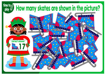 Count how many skates are hidden in the picture. How many objects are there in the picture? Educational game for children. Colorful cartoon characters. Funny vector illustration.