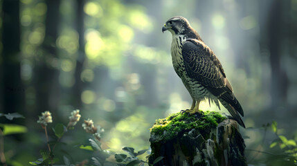 Fototapeta premium A regal falcon perched on a moss-covered tree stump, with a serene forest scene blurred softly in the background