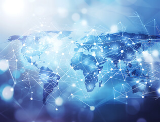 Abstract blue background with world map and global network connection lines, symbolizing international business or connectivity