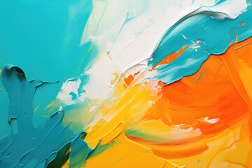 Expressive paint mixture with dynamic turquoise, orange, and white splashes. Perfect for creative...