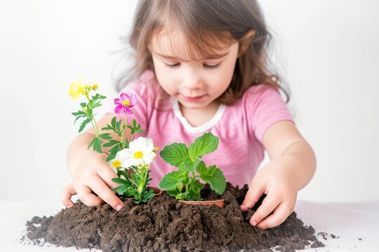 Focused child in pink top engaging in gardening activity with vibrant flowers