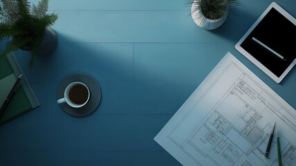 Horizontal AI illustration architect's blueprint with coffee break. Business concept.