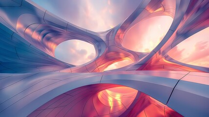 Horizontal AI illustration surreal digital architecture at sunset. Architecture, buildings concept.