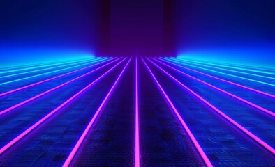 Abstract background with blue and purple neon lights, blue background, blue light rays on dark floor, empty room, blue background with glowing lines Generative AI