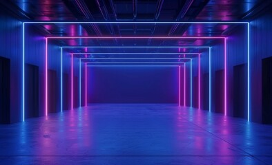 Dark blue background with neon light, glowing lines, blue and purple light stripes on the sides of an empty room, dark background with copy space Generative AI