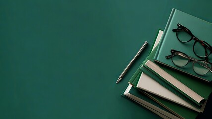 Horizontal AI illustration stack of books with glasses and pen a green background. Business concept.
