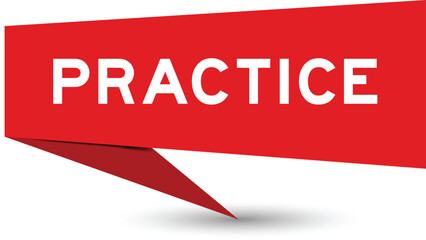 Red color speech banner with word practice on white background