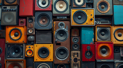  large stack of vintage music audio speakers, Music sound speakers hanging on the wall in retro vintage style, stacked sound boxes modern, generative ai
