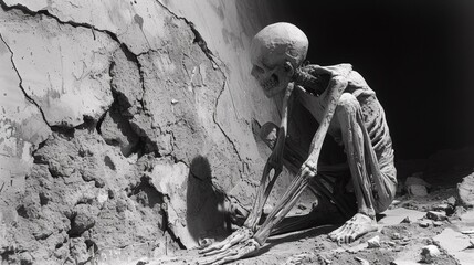 A skeleton crouches in front of a crumbling wall, AI