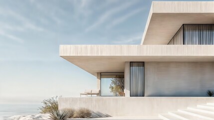 Horizontal AI illustration minimalist beach house design. Architecture and buildings concept.