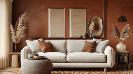 a virtual image of a stylish living room using AI, with a brown background, mockup frame, and an isolated sofa attractive look