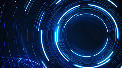 Abstract glowing blue circle lines on dark blue background. Geometric stripe line art design.