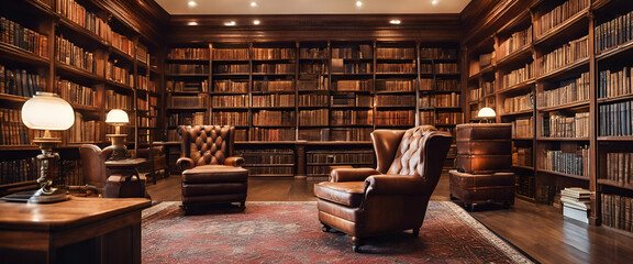 An elegant library with wooden bookshelves, large windows casting natural light through the tall walls, and an antique desk in front. Generative AI