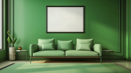 an AI image wall for a modern living room with a mockup frame on a green background and a solo sofa attractive look