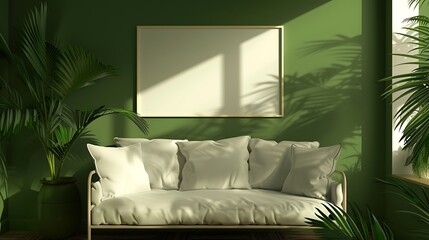 a virtual living room scene with a green background, showcasing a mockup frame and an isolated sofa through AI attractive look