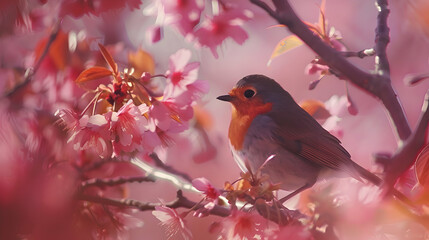 A robin peering curiously from within the branches of a blossoming cherry tree, with hints of pink petals in the blurred backdrop