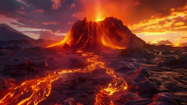 The hot vibrant lava streaming down the sides of the volcano creates a breathtaking explosion of color and chaos.