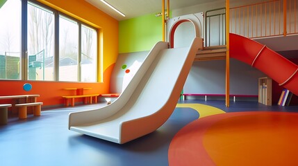 an appealing image of a dynamic children's play area, featuring a modern indoor slide in a...