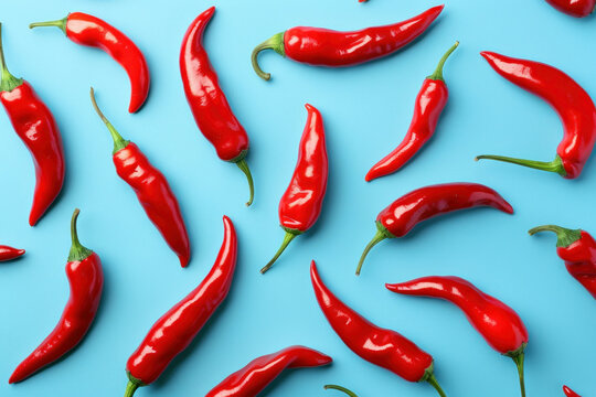 Top view of many red hot chili peppers on a blue background, flat lay image for stock photo websites
