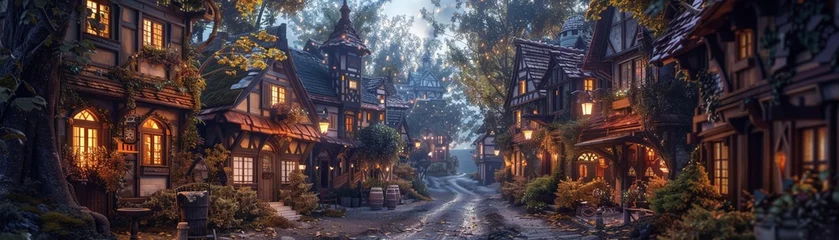 Fototapete Dreamy village in Europe with cobblestone streets. Imaginary world setting. Artistic portrayal. CGI imagery for gaming. Creative industry visuals. Abstract landscape design. Innovative AI creation. © tonstock