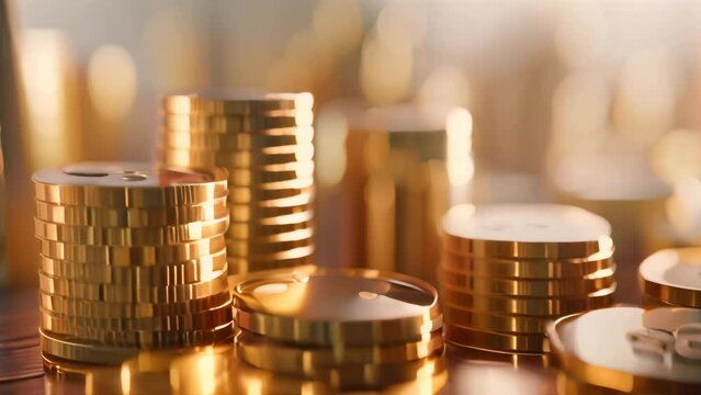 Stacks of gold coins with bokeh light effect. 