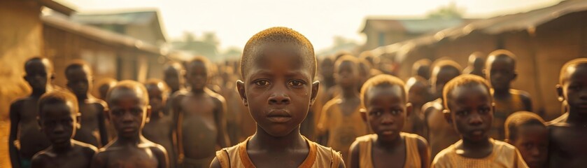Group of young underprivileged African children in a village in Africa - AI generated - obrazy, fototapety, plakaty