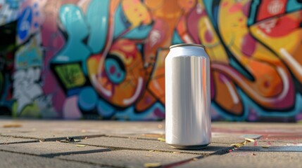 A blank beverage can in focus against a vibrant graffiti wall, perfect for product mockups and...