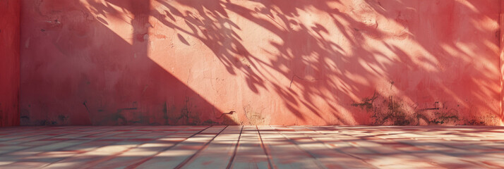 Empty wall with shadow from plants in peach pastel colors, banner