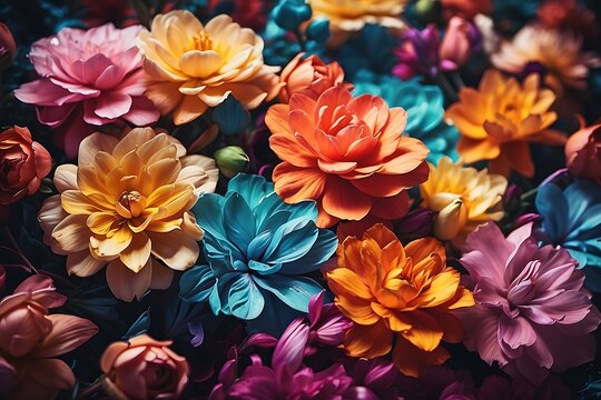 Colorful artificial flowers. Colorful artificial flowers background. Close up.