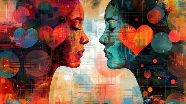 Vibrant classic, antique, unique montage, imaginative display of affection, children, and icons. A traditional print that is current and up-to-date. Artwork. Algorithmically generated.