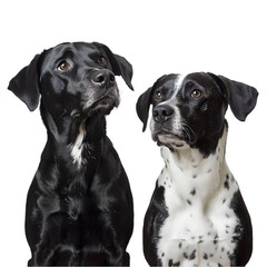 Two black and white dogs are sitting next to each other. One of the dogs has a black nose and the other has a white nose. Generative AI