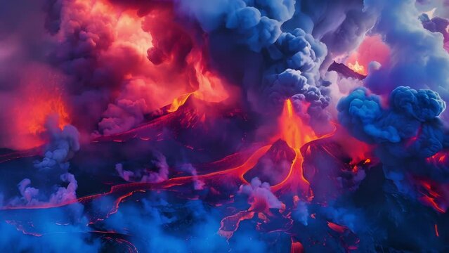A spectacle of fire and color as molten lava and ash shoot high into the air from the erupting volcano.