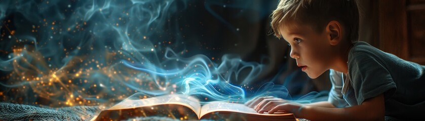 Excited boy holds open enchanting book with mystical energy swirling around it. AI artwork generator.
