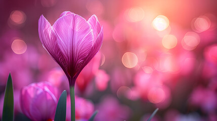 Elegant purple tulip against a soft-focus background of pink blossoms, with a dreamy bokeh effect highlighting the delicate beauty of spring.