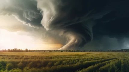Fotobehang Natural disasters news banner. Hurricane with big tornado. Storm in the field © SD Danver