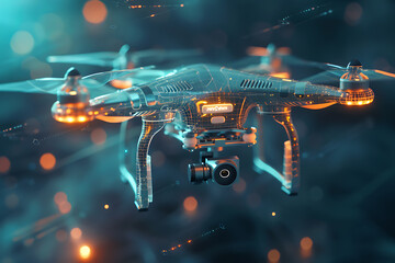 Dynamic wireframe visualization against glowing translucent background, showcasing innovative drone technology in futuristic concept