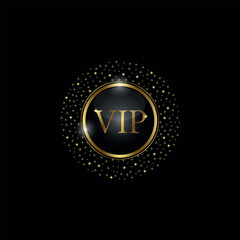 Fototapeta premium Vip premium quality golden badge on black background. Vip lettering in round frame with sparkles. Bright sign of exclusivity. Vector illustration.