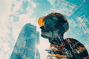 Double exposure image of construction worker holding safety helmet and background of surreal construction site in the city. - obrazy, fototapety, plakaty