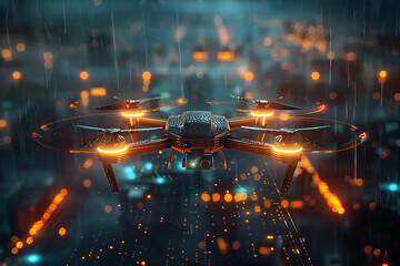 Dynamic wireframe visualization against glowing translucent background, showcasing innovative drone technology in futuristic concept - obrazy, fototapety, plakaty