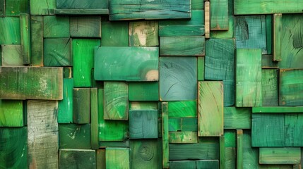 A creatively arranged wooden background, with pieces varying in green shades and textures, offering a rich, abstract, top view perspective.