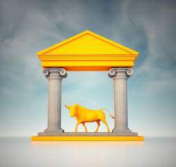 Bull and Roman columns. Symbol of finance and banks.