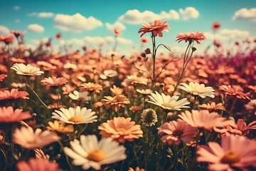 Colorful daisies in the garden with retro filter effect.