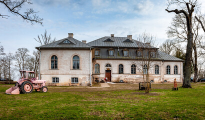 Abgunste manor is a cultural monument of national significance. Building facade from the park side. Latvia.